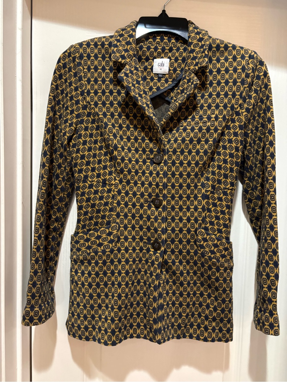 CAbi Navy and Mustard Geometric Single-Breasted Blazer